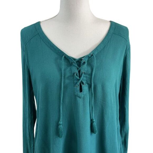 Hollister Women's M Teal Boho Blouse with Lace-Up Neck and Tassles - Picture 4 of 5